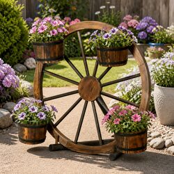 Add Rustic Elegance with This Wooden Wheel Plant Stand 80cm