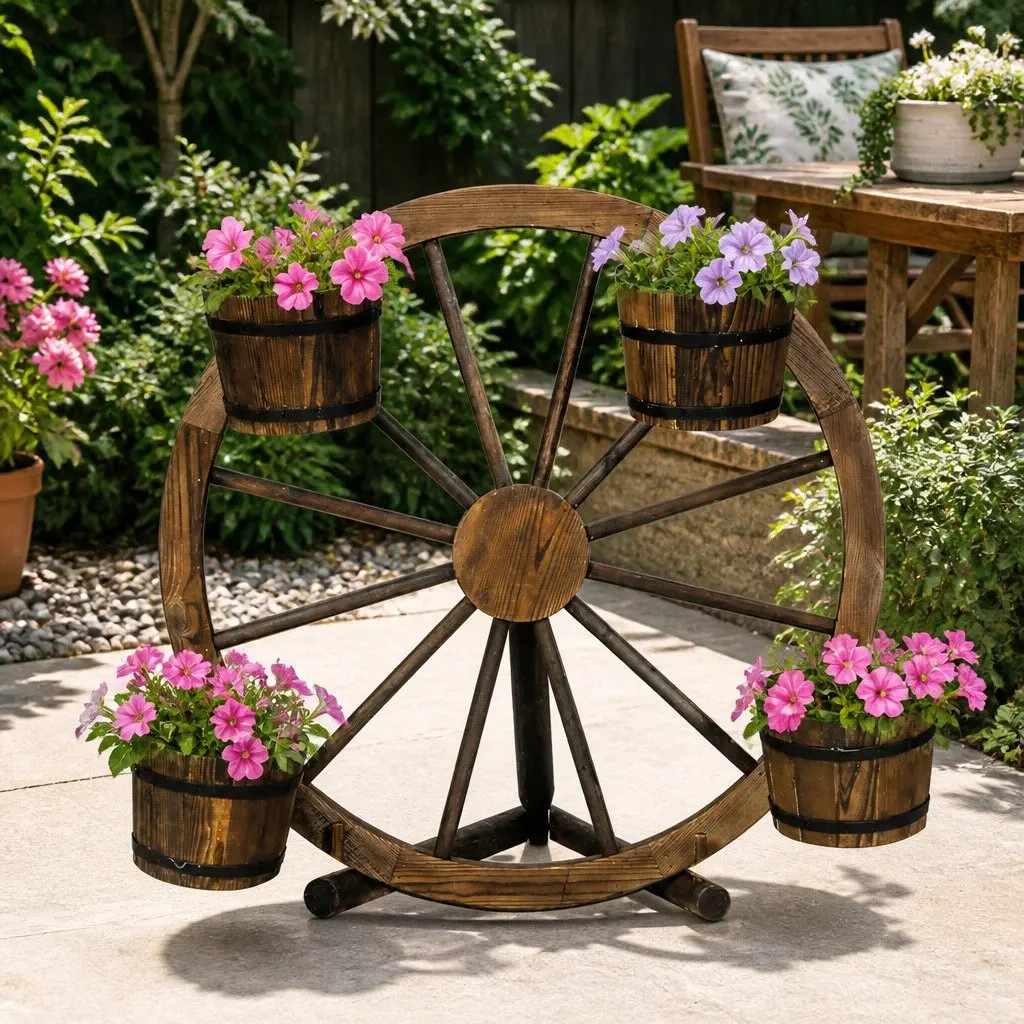 Wooden Wheel Plant Stand 80cm