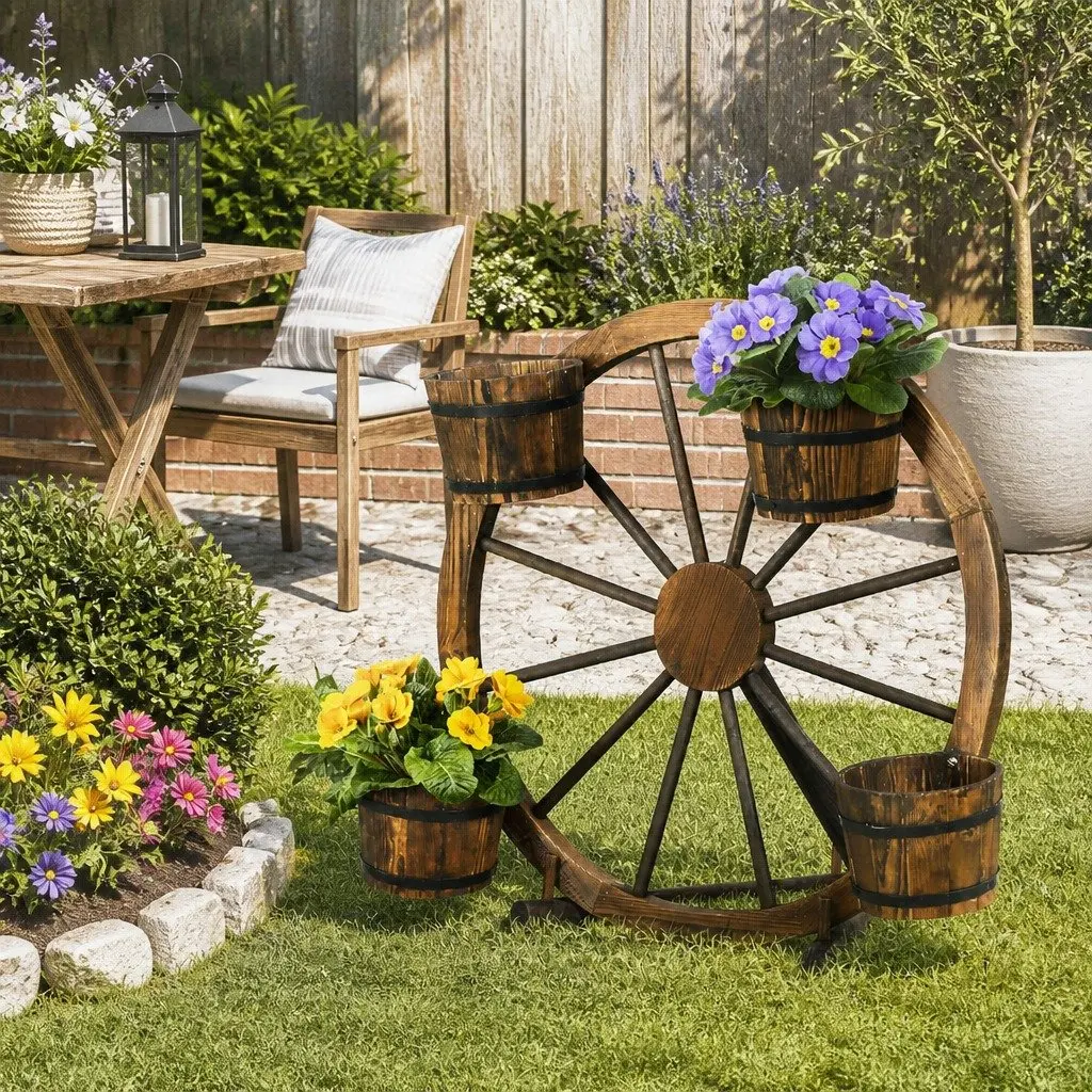 Wooden Wheel Plant Stand 80cm