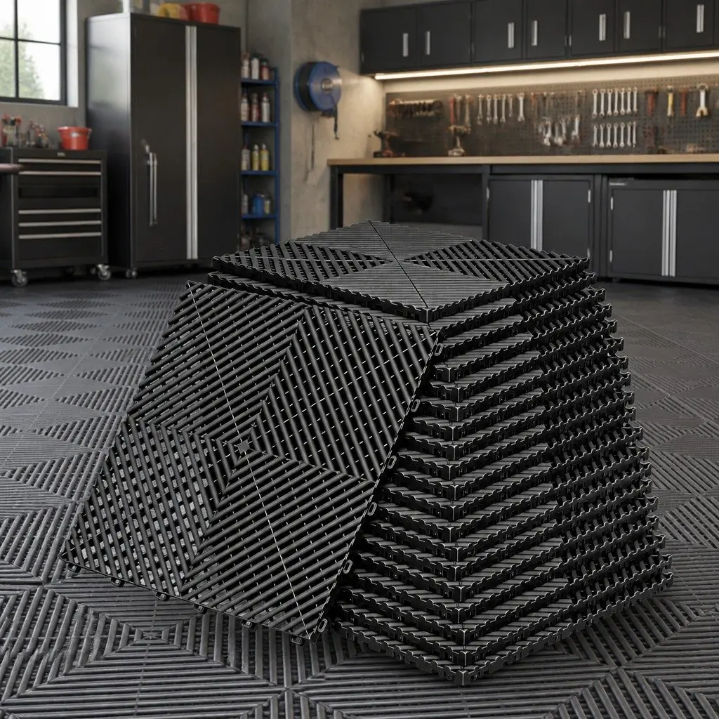 Interlocking Garage Floor Tiles Non-Slip Heavy Duty Black 40x40cm