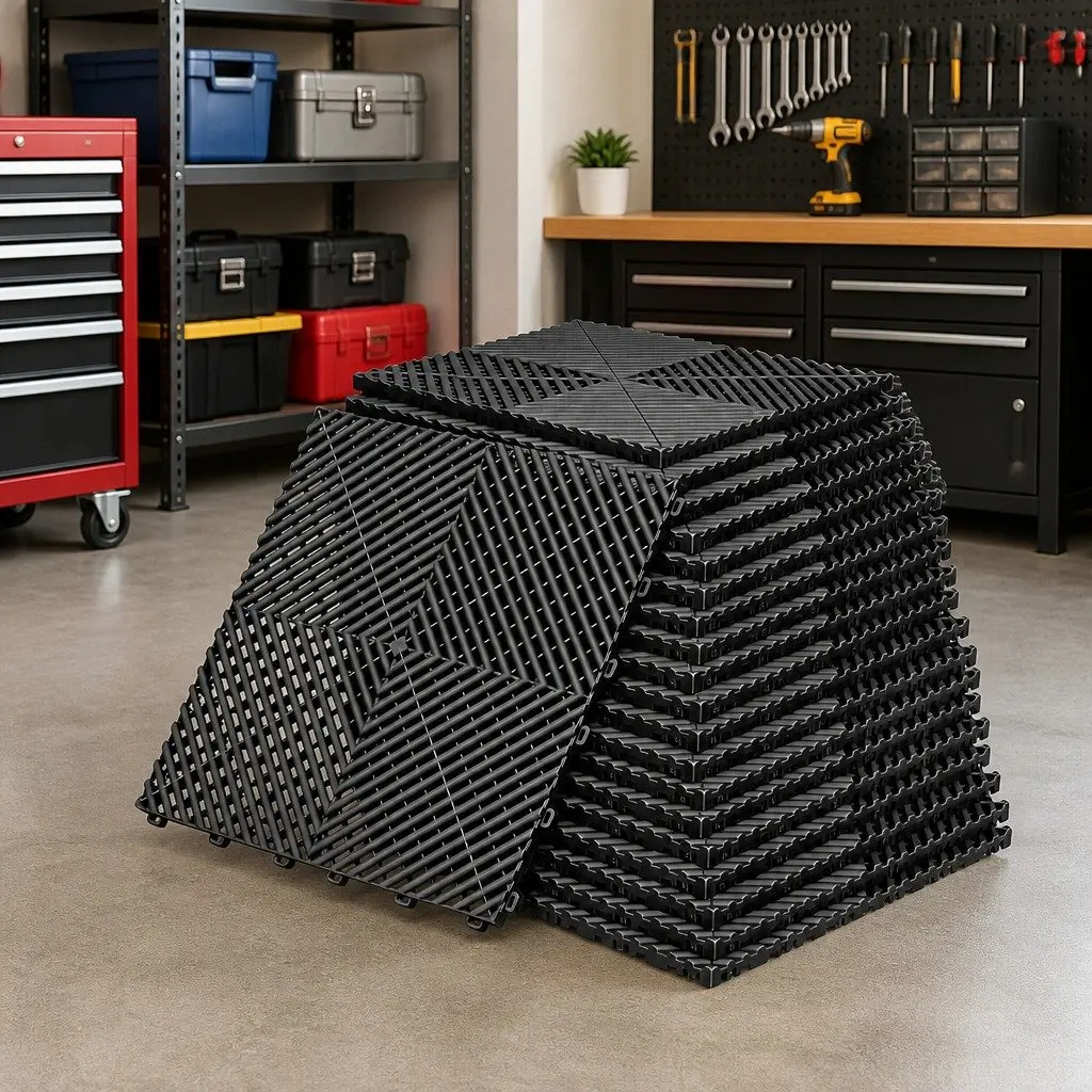 Interlocking Garage Floor Tiles Non-Slip Heavy Duty Black 40x40cm