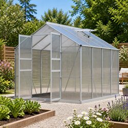 Aluminium Greenhouse 2.42x2.5x2.26M Double Doors Polycarbonate Garden Shed