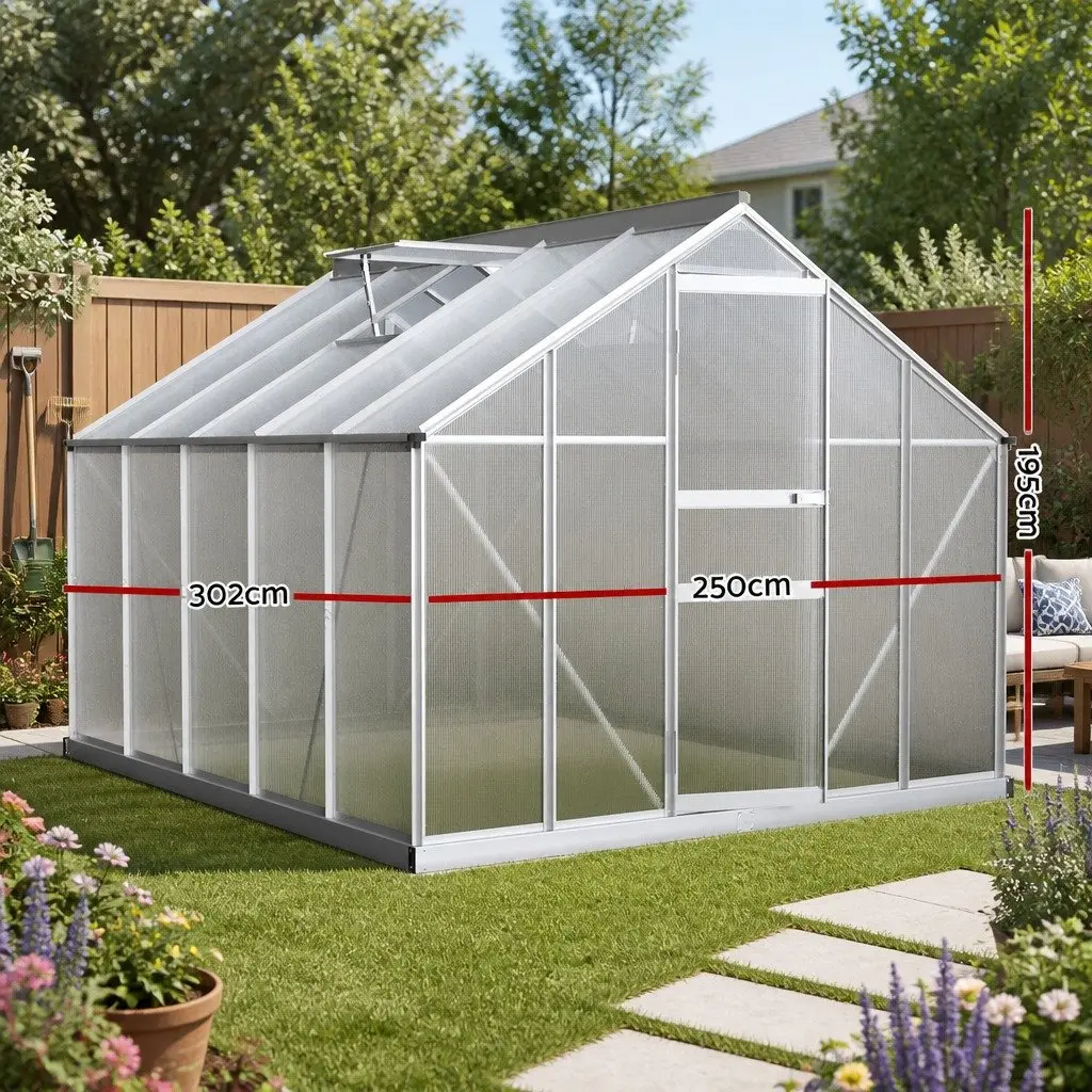 Aluminium Greenhouse Polycarbonate 3x2.5x1.95M Durable Garden Plant Growing Shed