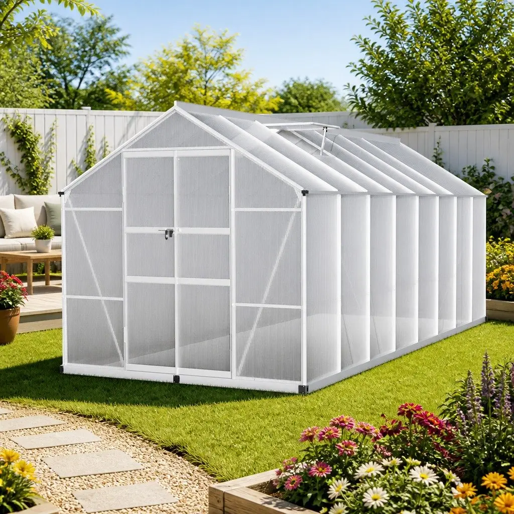 Aluminium Greenhouse Double Doors 4.7x2.5x2.26M Polycarbonate Garden Shed