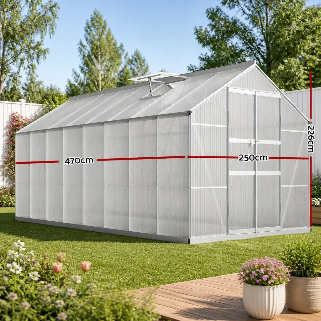Aluminium Greenhouse Double Doors 4.7x2.5x2.26M Polycarbonate Garden Shed