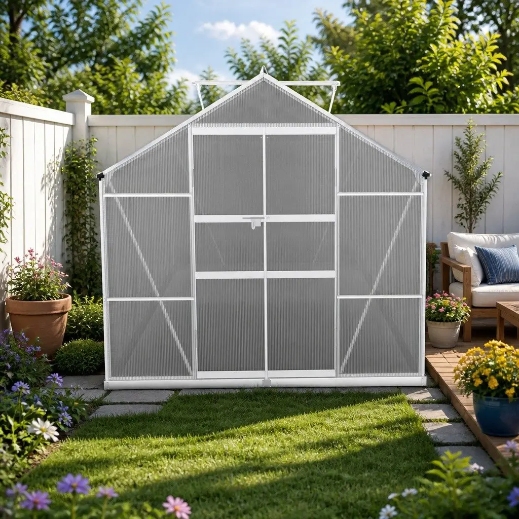 Aluminium Greenhouse Double Doors 4.7x2.5x2.26M Polycarbonate Garden Shed