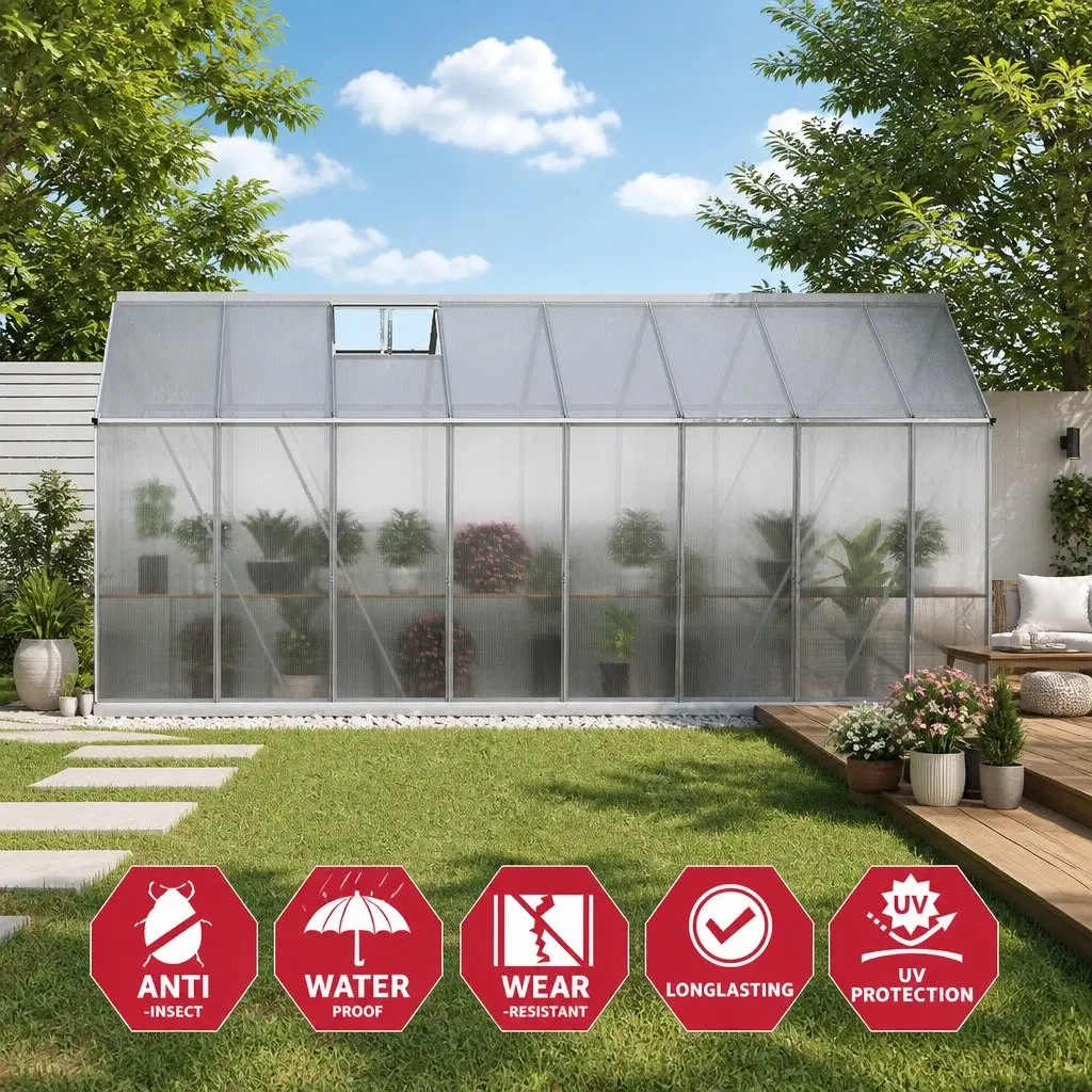 Aluminium Greenhouse Double Doors 4.7x2.5x2.26M Polycarbonate Garden Shed