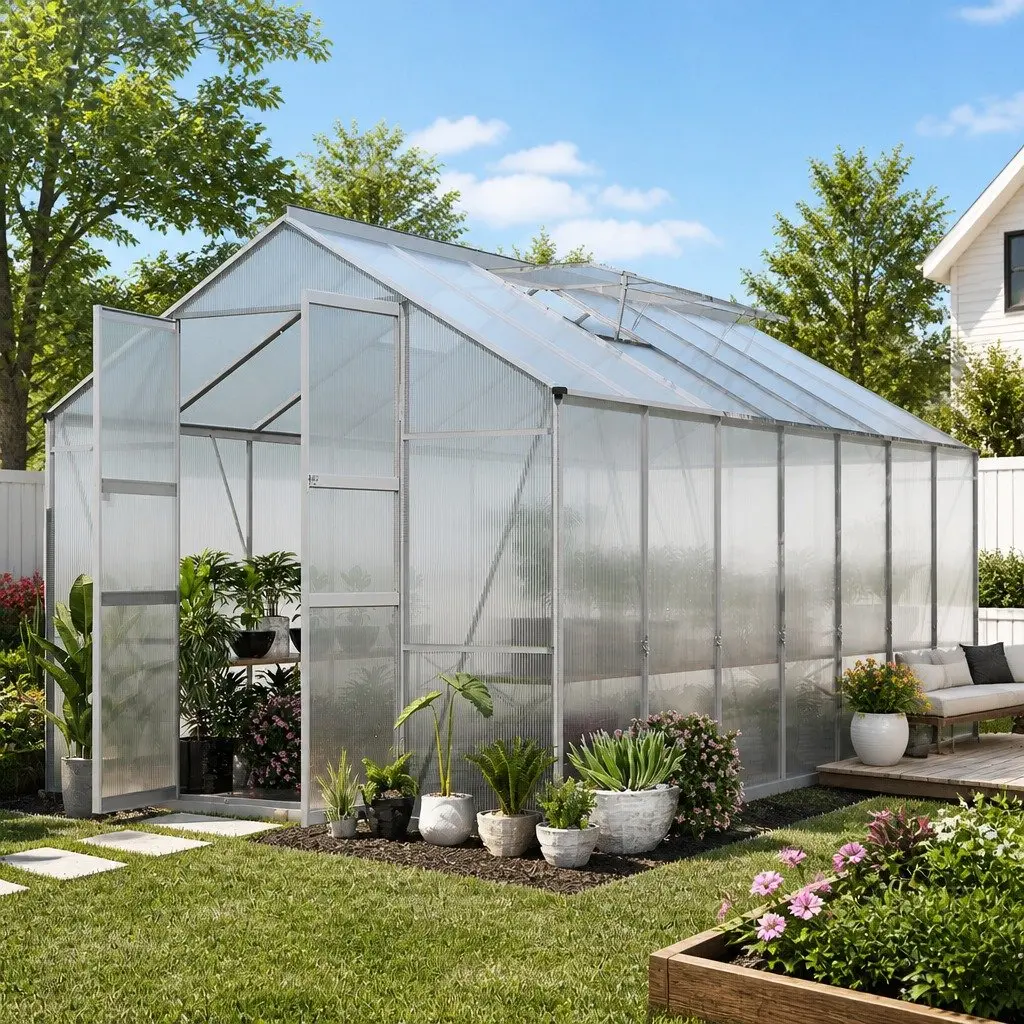 Aluminium Greenhouse Double Doors 4.7x2.5x2.26M Polycarbonate Garden Shed