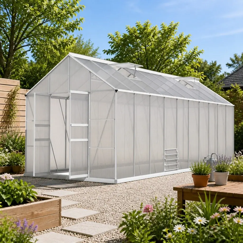 Aluminium Greenhouse 6.03x2.44x2.68M Double Doors Polycarbonate Panels Garden