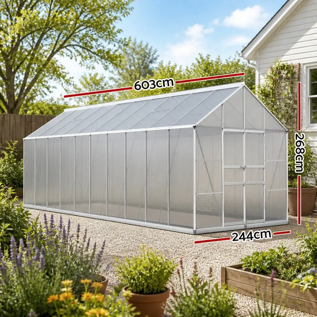 Aluminium Greenhouse 6.03x2.44x2.68M Double Doors Polycarbonate Panels Garden