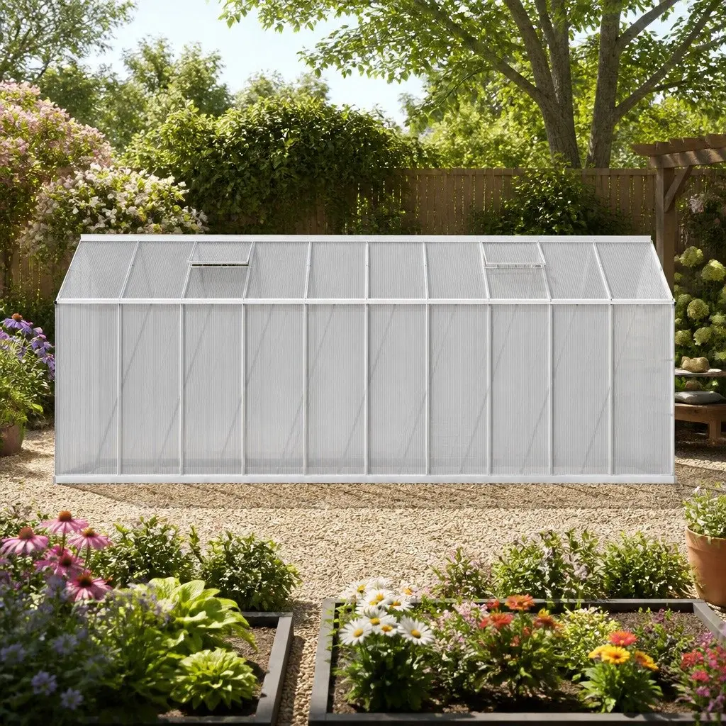 Aluminium Greenhouse 6.03x2.44x2.68M Double Doors Polycarbonate Panels Garden