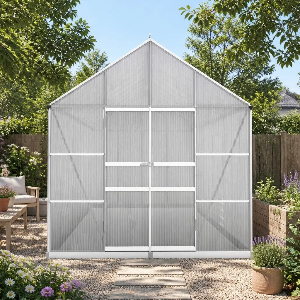 Aluminium Greenhouse 6.03x2.44x2.68M Double Doors Polycarbonate Panels Garden