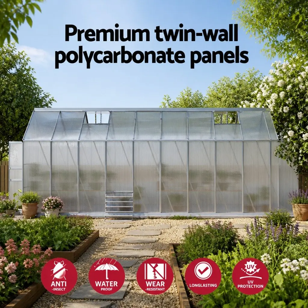 Aluminium Greenhouse 6.03x2.44x2.68M Double Doors Polycarbonate Panels Garden