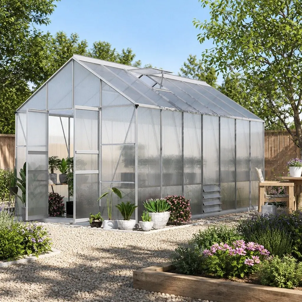 Aluminium Greenhouse 6.03x2.44x2.68M Double Doors Polycarbonate Panels Garden