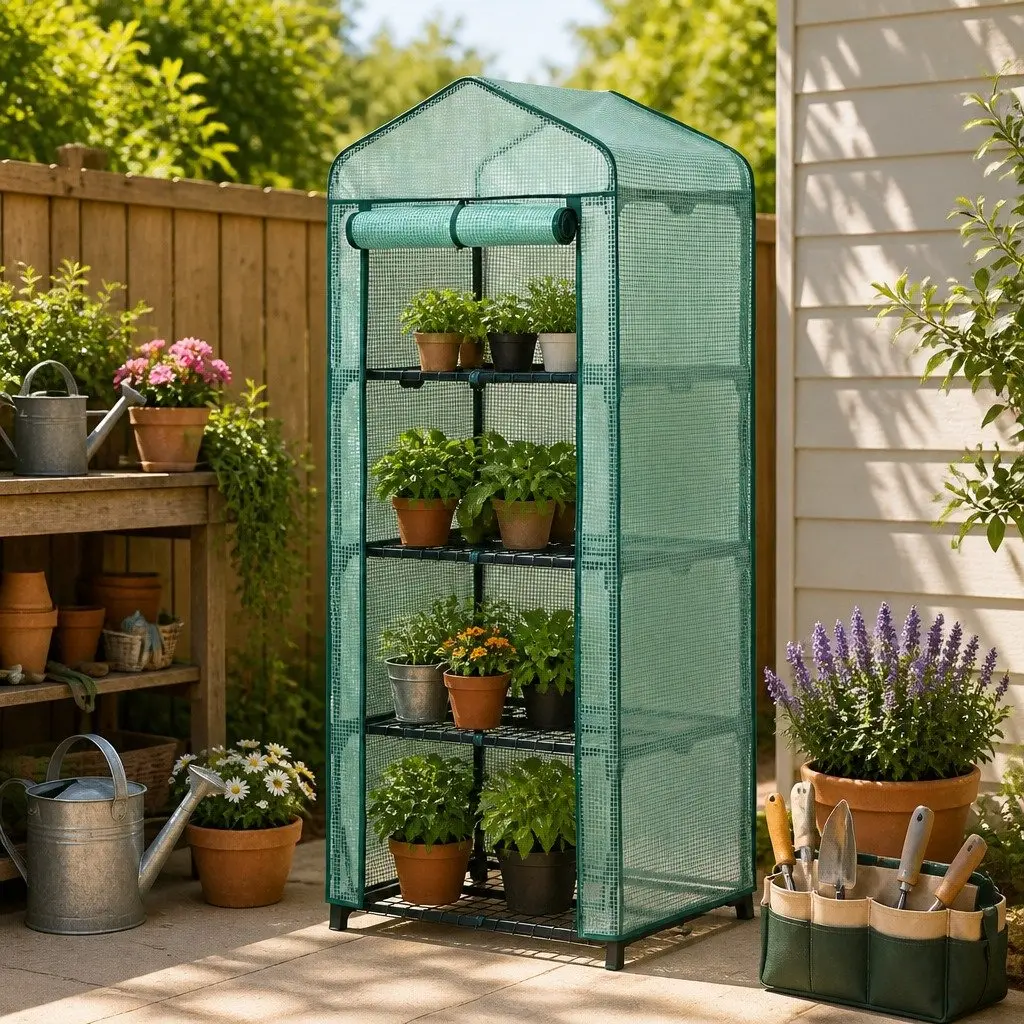 Greenhouse Portable 4 Tier Plant Shelf Compact Size Outdoor