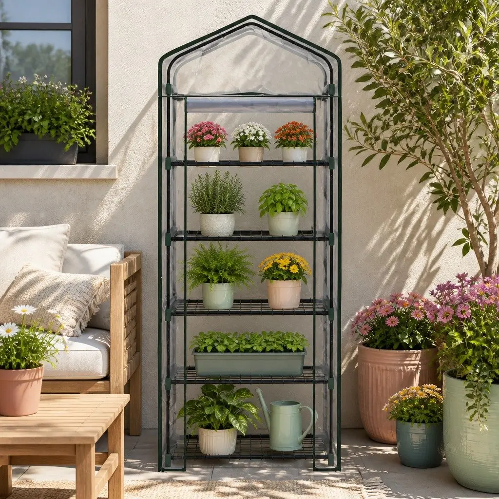 Greenhouse 5 Tier Mini Garden Bed Planter Box Deck Patio Shelves Roll-Up Door