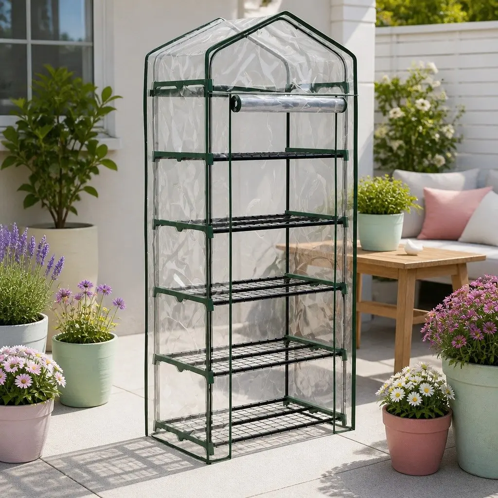 Greenhouse 5 Tier Mini Garden Bed Planter Box Deck Patio Shelves Roll-Up Door