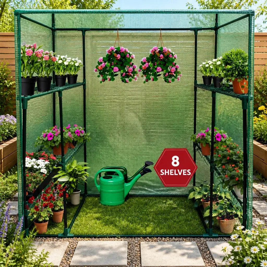 Walk-In Greenhouse Tunnel Portable 1.4x1.55x2M with 8 Shelves for Garden Plant Shed