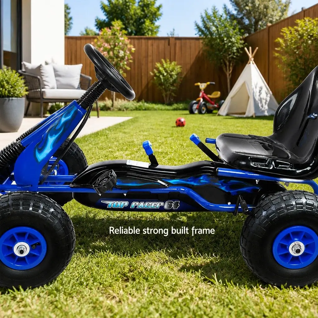 Kids Pedal Go Kart Blue Rubber Tyre Adjustable Seat Outdoor Fun