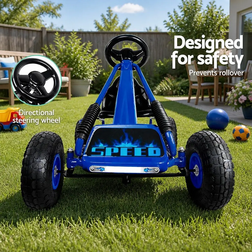 Kids Pedal Go Kart Blue Rubber Tyre Adjustable Seat Outdoor Fun
