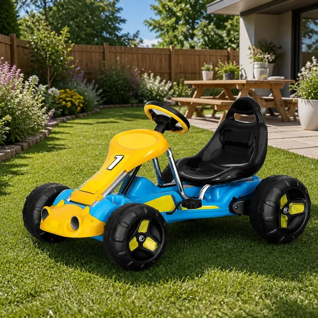 Kids Pedal Go Kart Blue Plastic Tyre Outdoor Play 94cm L x 61cm W x 53cm H