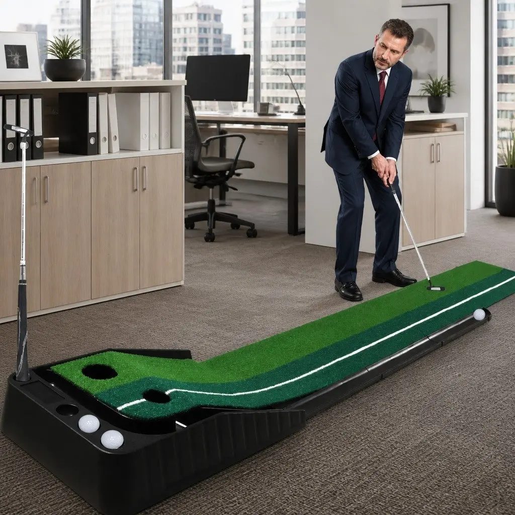 Golf Putting Mat 250cm Portable Practice Trainer Dual Holes Ball