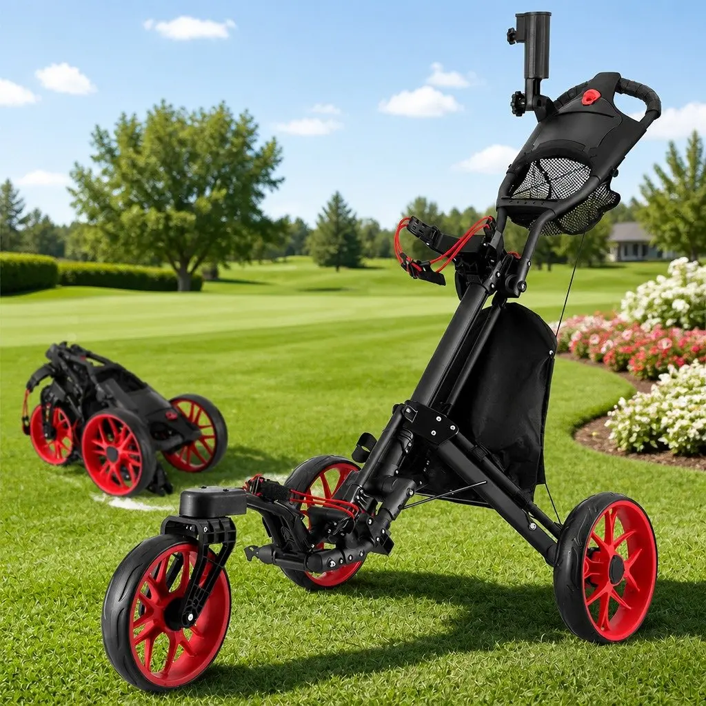 Golf Trolley Cart 3 Wheels Foldable Buggy Swivel Front Wheels Umbrella Stand