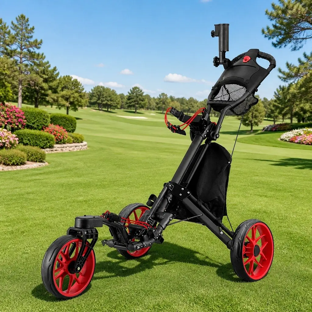 Golf Trolley Cart 3 Wheels Foldable Buggy Swivel Front Wheels Umbrella Stand