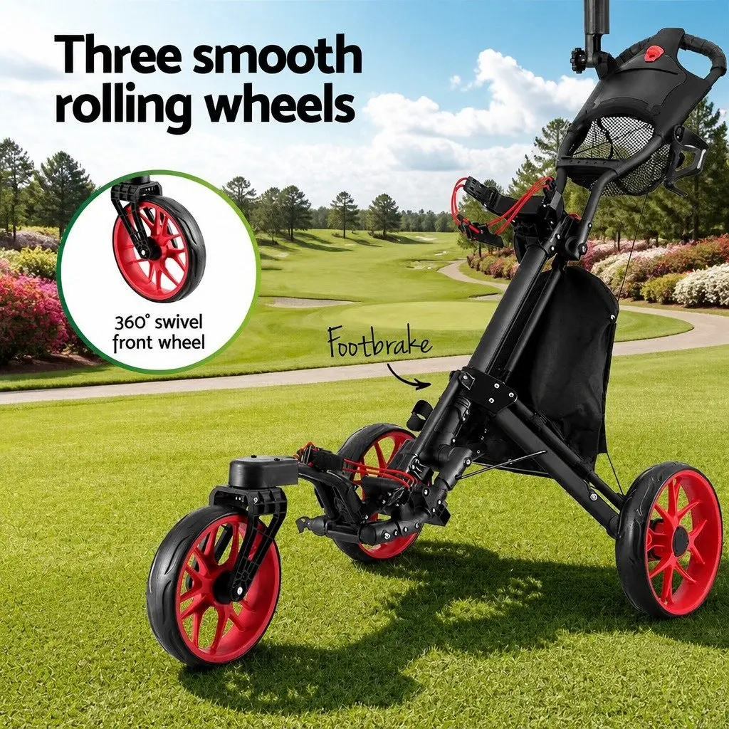 Golf Trolley Cart 3 Wheels Foldable Buggy Swivel Front Wheels Umbrella Stand