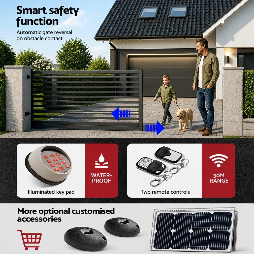 Automatic Sliding Gate Opener Kit 370W Motor LED Keypad 6M Rails 1000KG Capacity