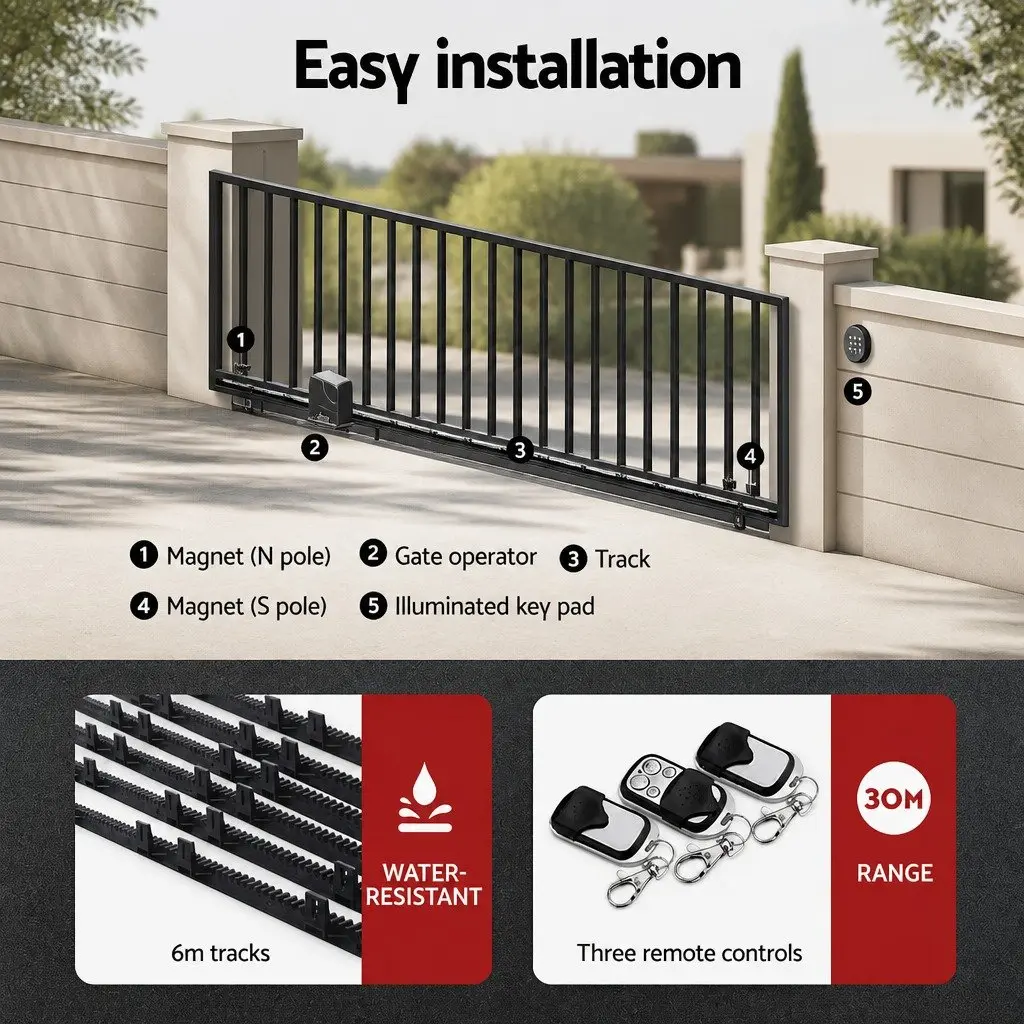 Solar Powered Automatic Gate Opener Kit 10W 6M 600KG Remote Control