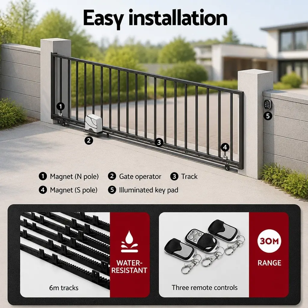 Automatic Sliding Gate Opener Solar Kit 20W 6M 600KG Remote Control