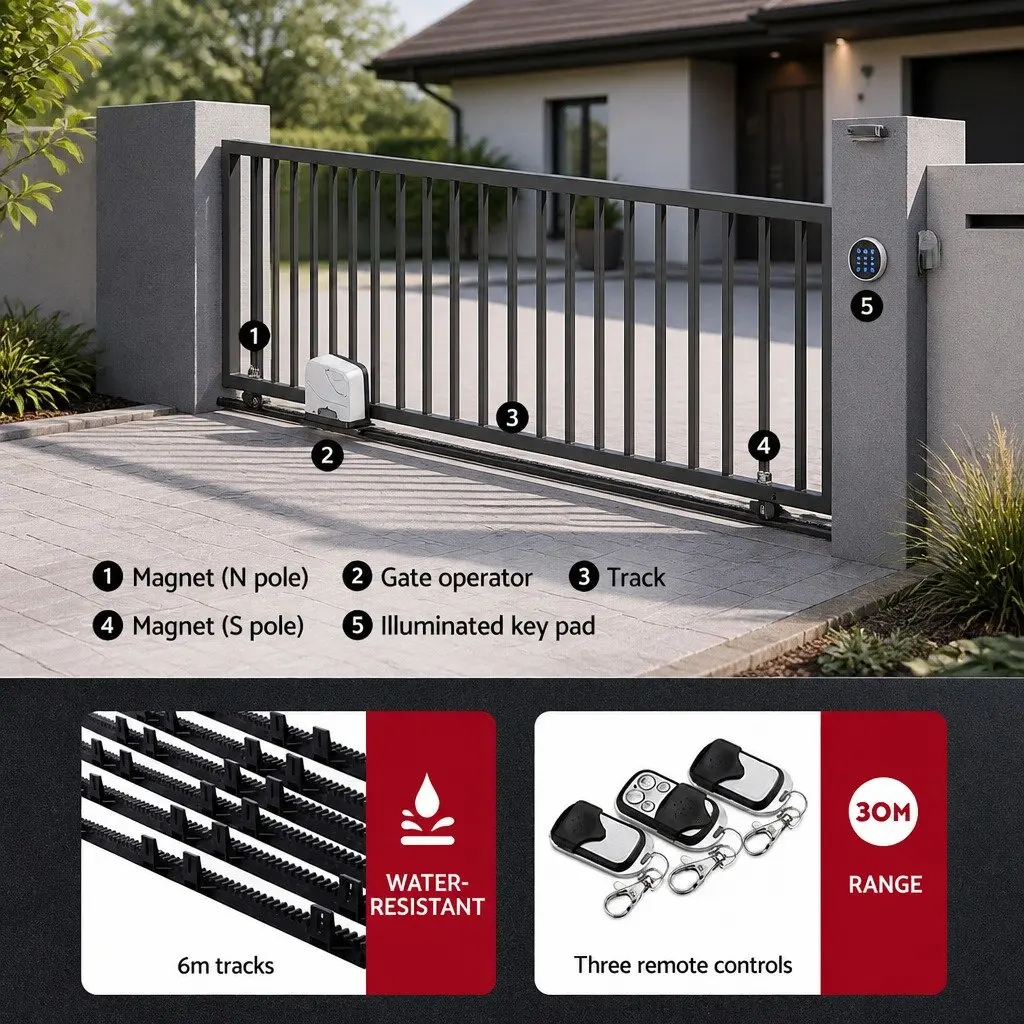 Solar Automatic Sliding Gate Opener Kit 40W 600KG 6M Adjustable Auto-Close