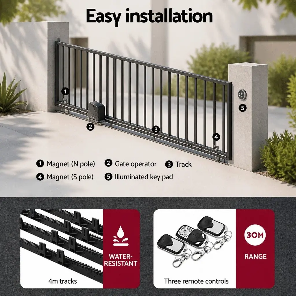 Solar Automatic Gate Opener Powerful 600kg Capacity Remote Control 40W Black