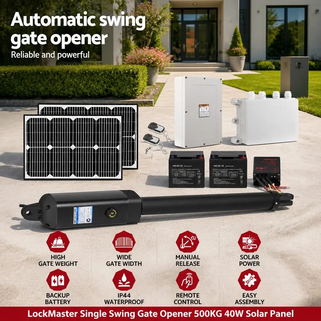 Solar Gate Opener Single Swing 500kg 40W Panel Remote Control Auto-Close