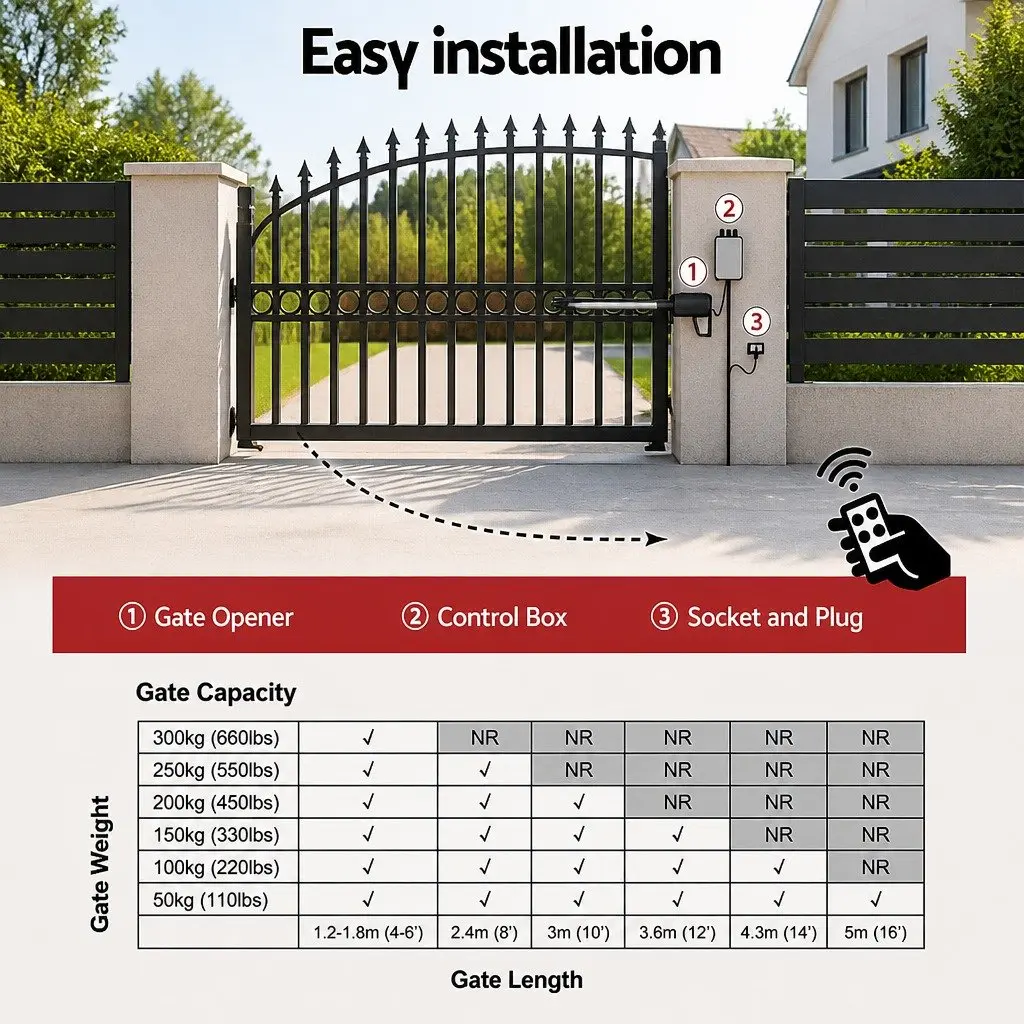 Single Swing Gate Opener 20W Solar Powered Automatic Remote Control Access