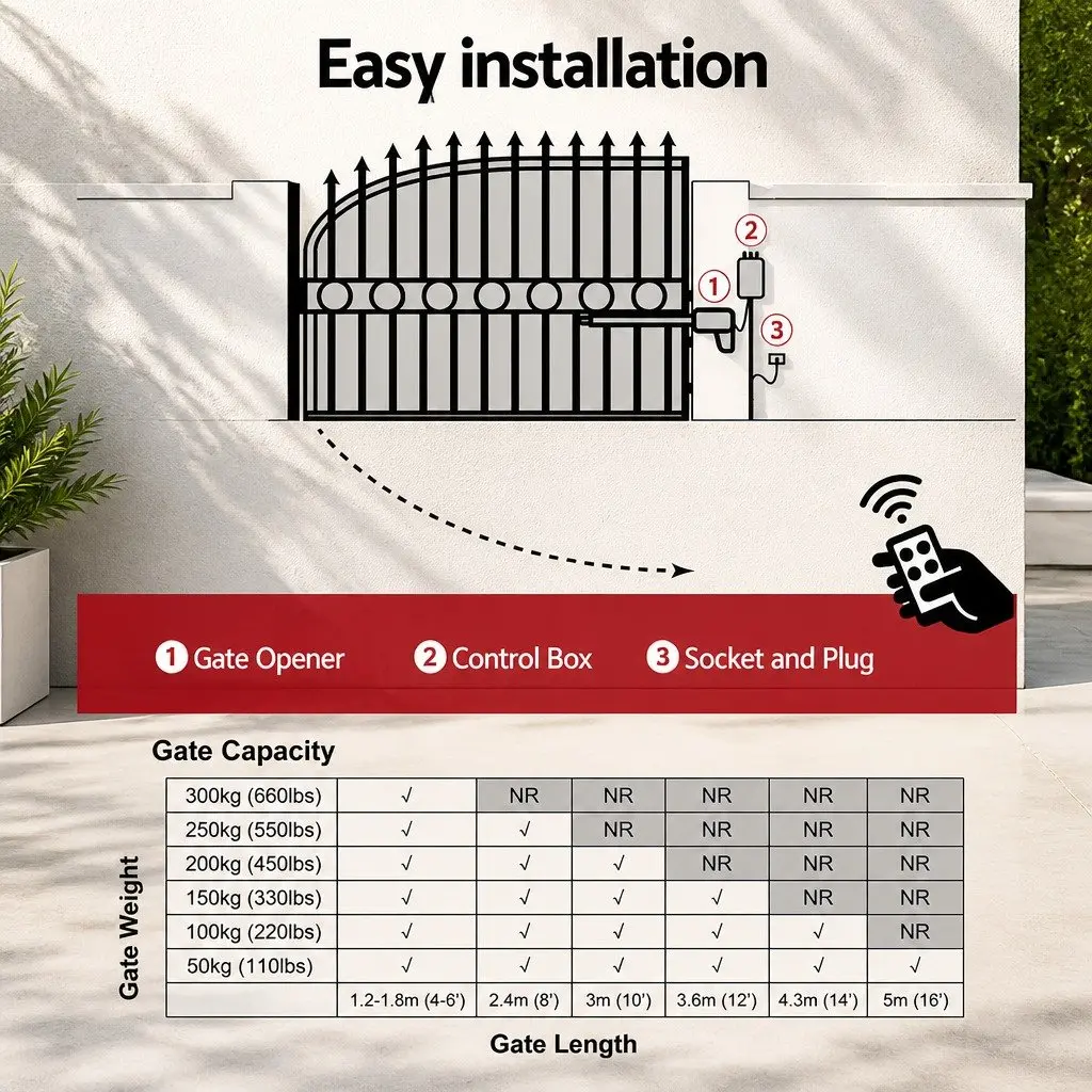 Electric Gate Opener Single Swing Automatic 300kg 5m Black Remote Control