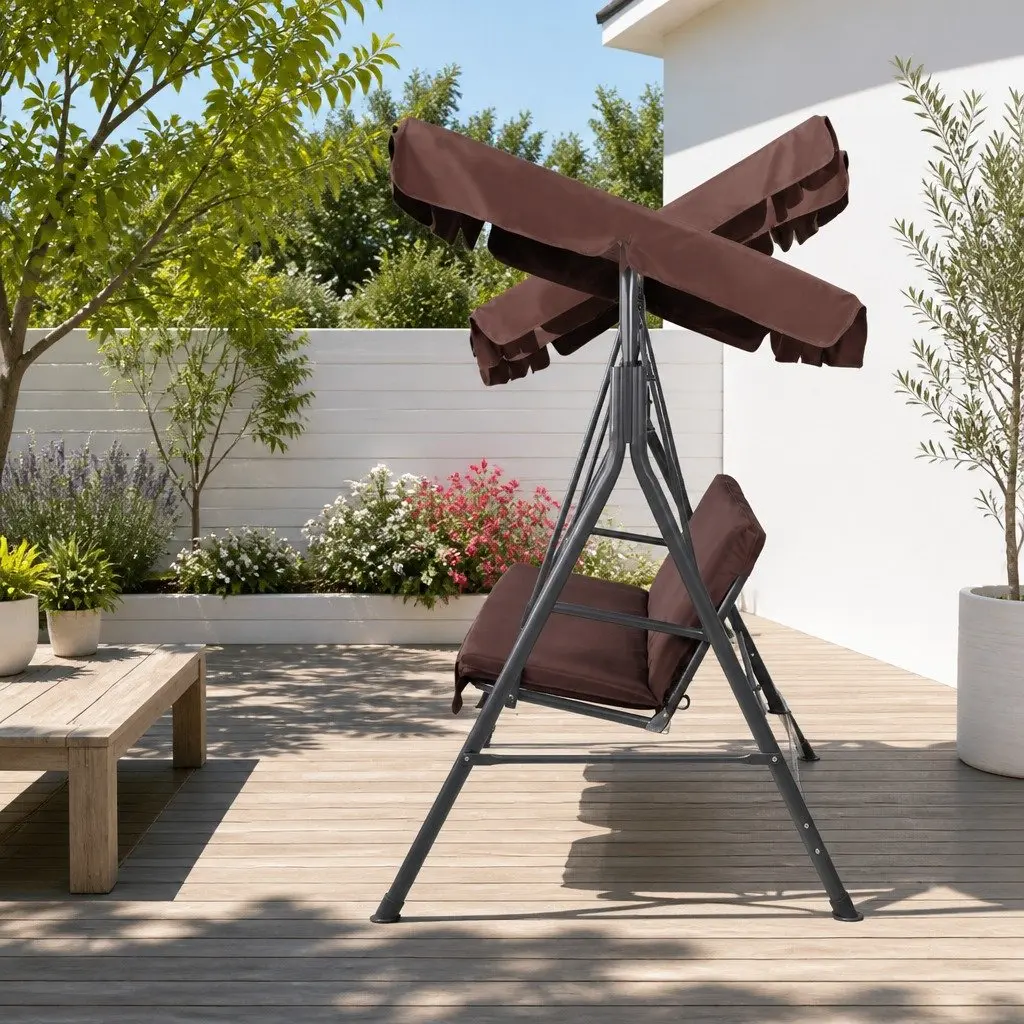 Outdoor Swing Chair Adjustable Canopy Three Seater Dark Brown