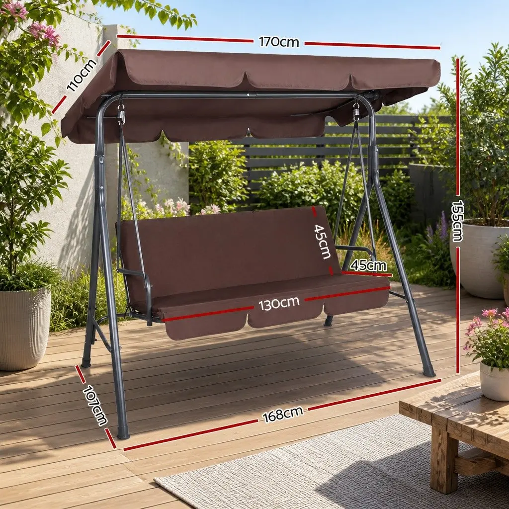 Outdoor Swing Chair Adjustable Canopy Three Seater Dark Brown
