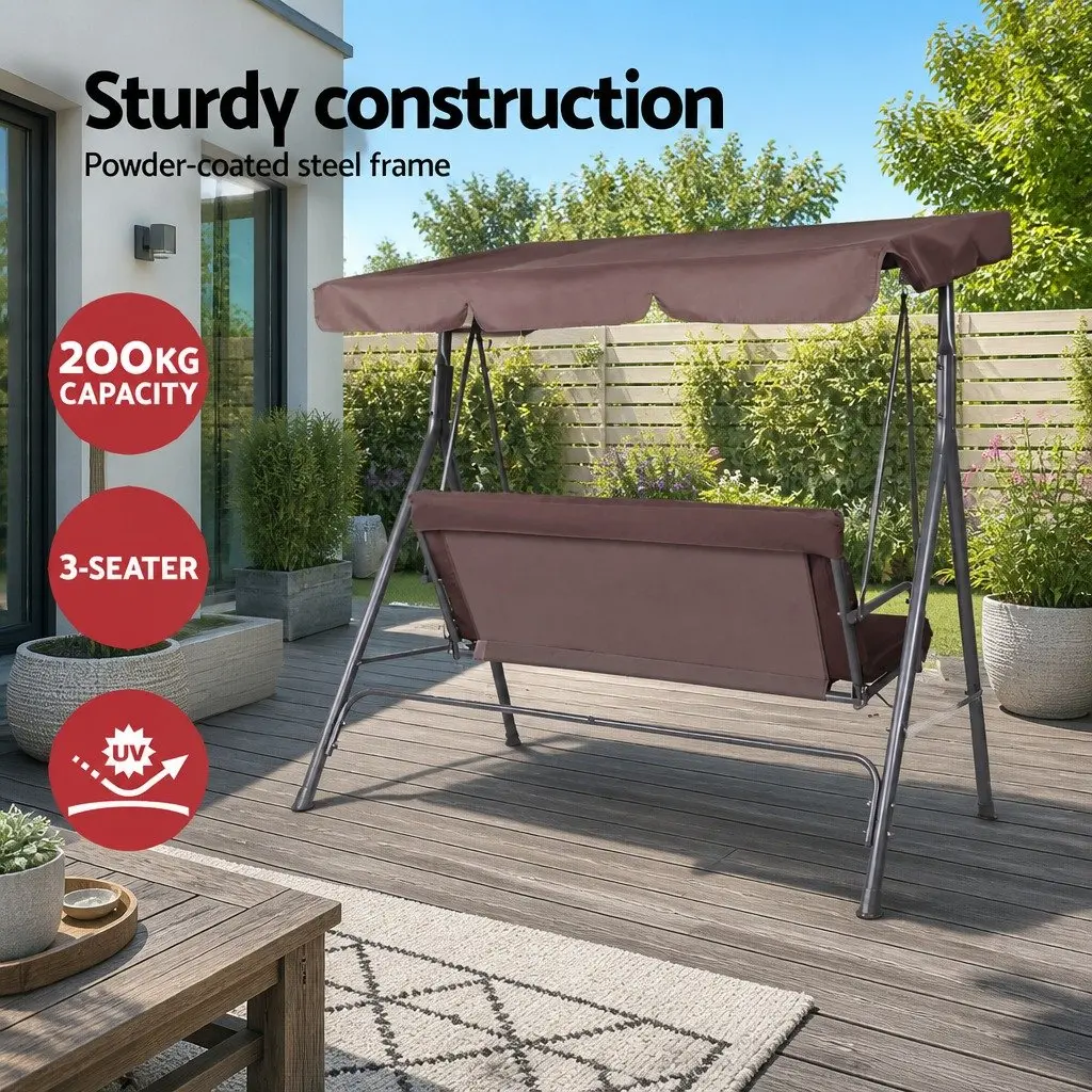 Outdoor Swing Chair Adjustable Canopy Three Seater Dark Brown