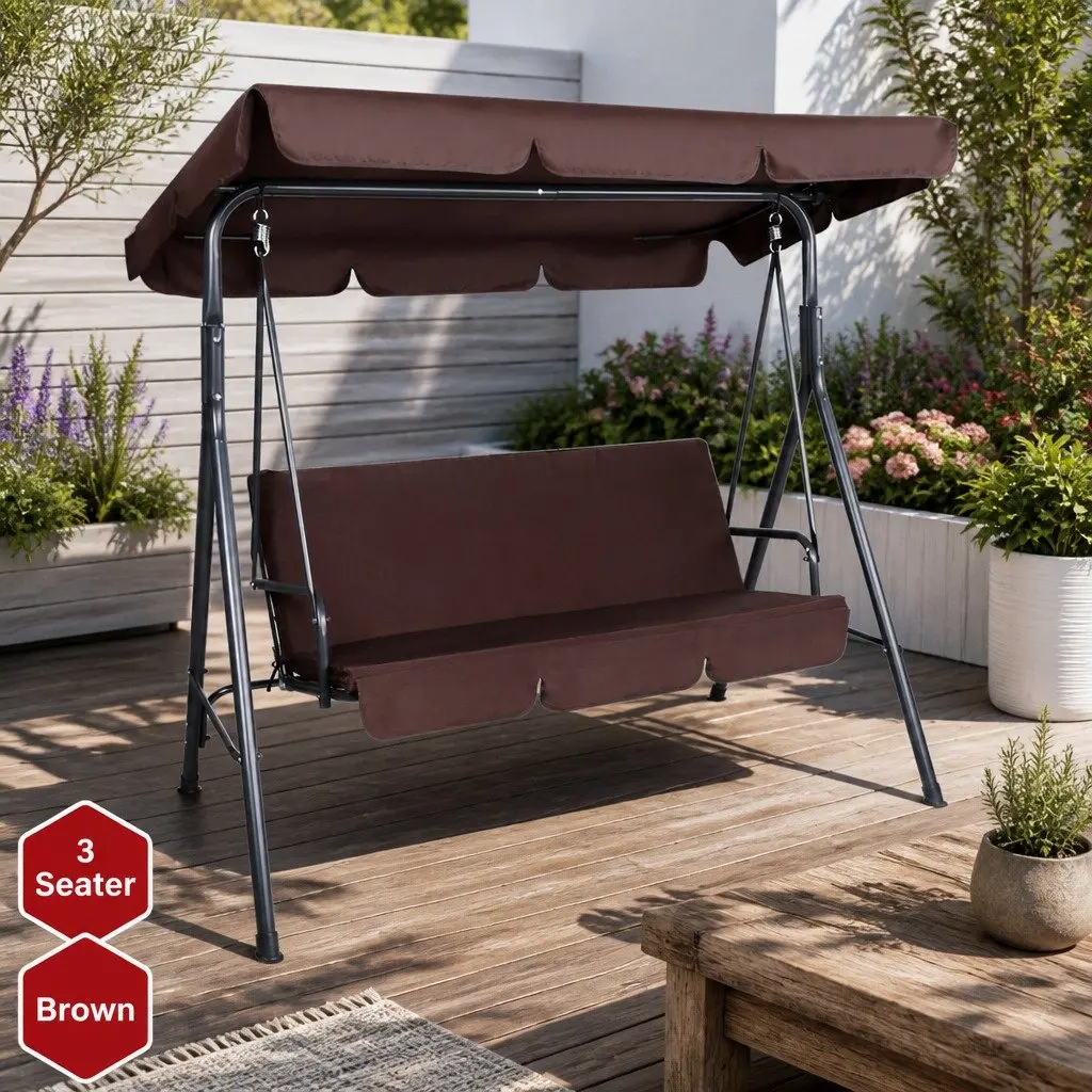 Outdoor Swing Chair Adjustable Canopy Three Seater Dark Brown