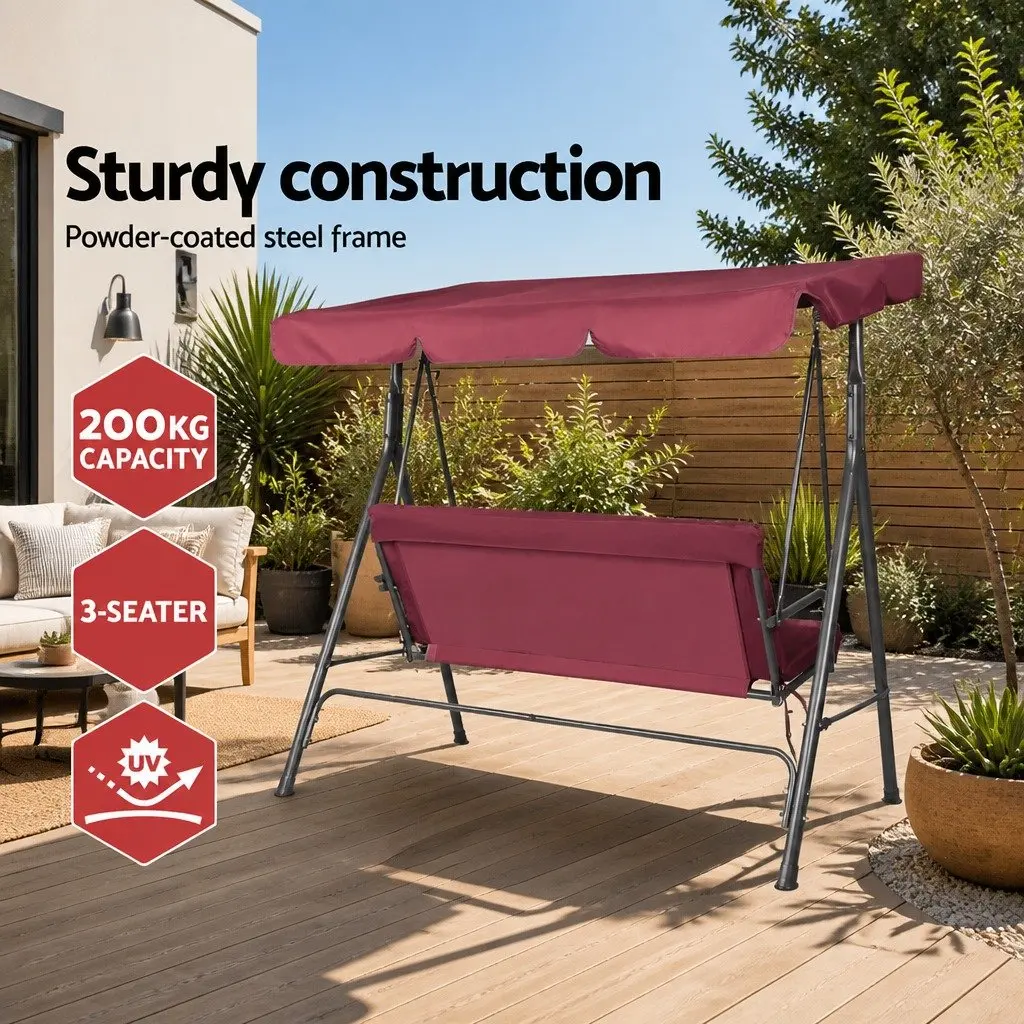 Outdoor Swing Chair 3 Seater Garden Bench Canopy Lounge Furniture Wine Red