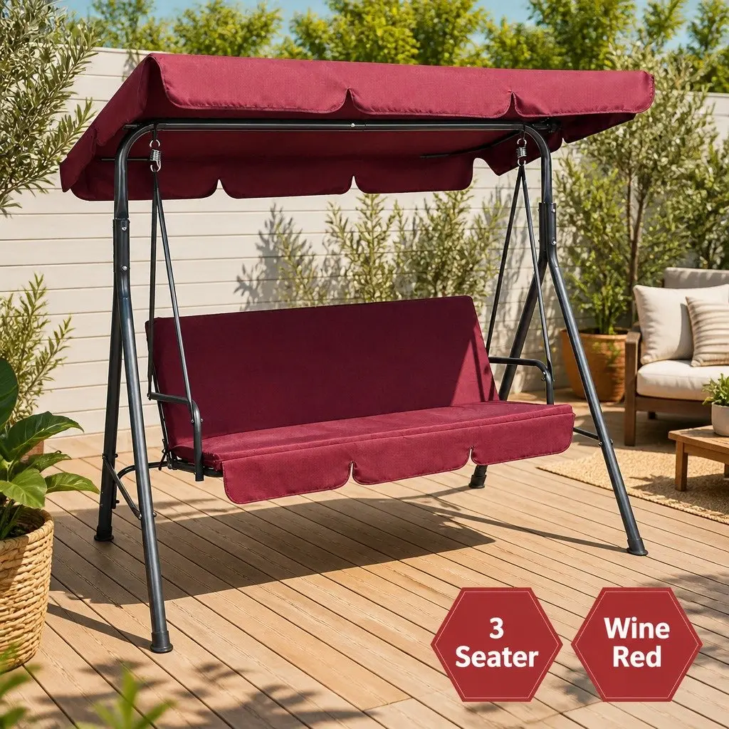 Outdoor Swing Chair 3 Seater Garden Bench Canopy Lounge Furniture Wine Red