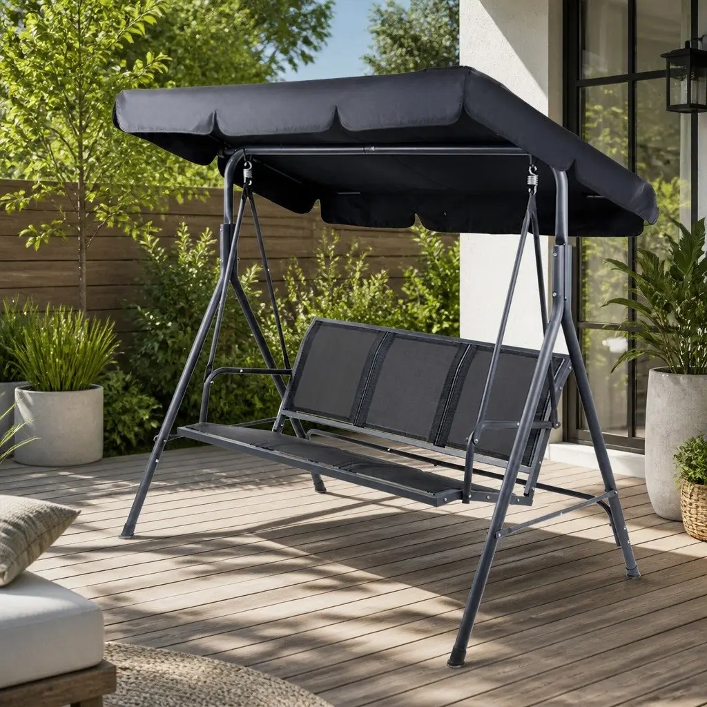 Outdoor Swing Chair 3 Seater Garden Bench Canopy Furniture Black Adjustable