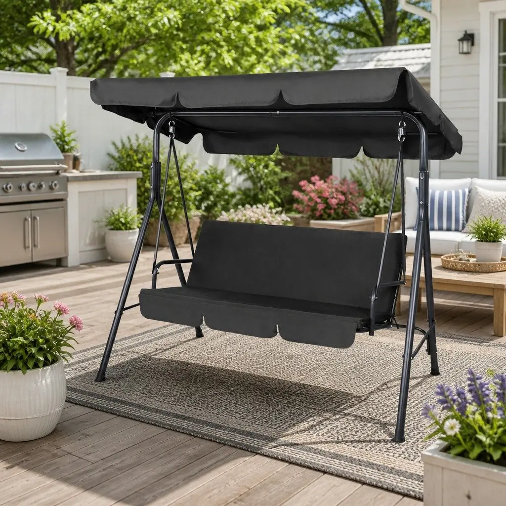 Outdoor Swing Chair Adjustable Canopy 3 Seater Black Lounger