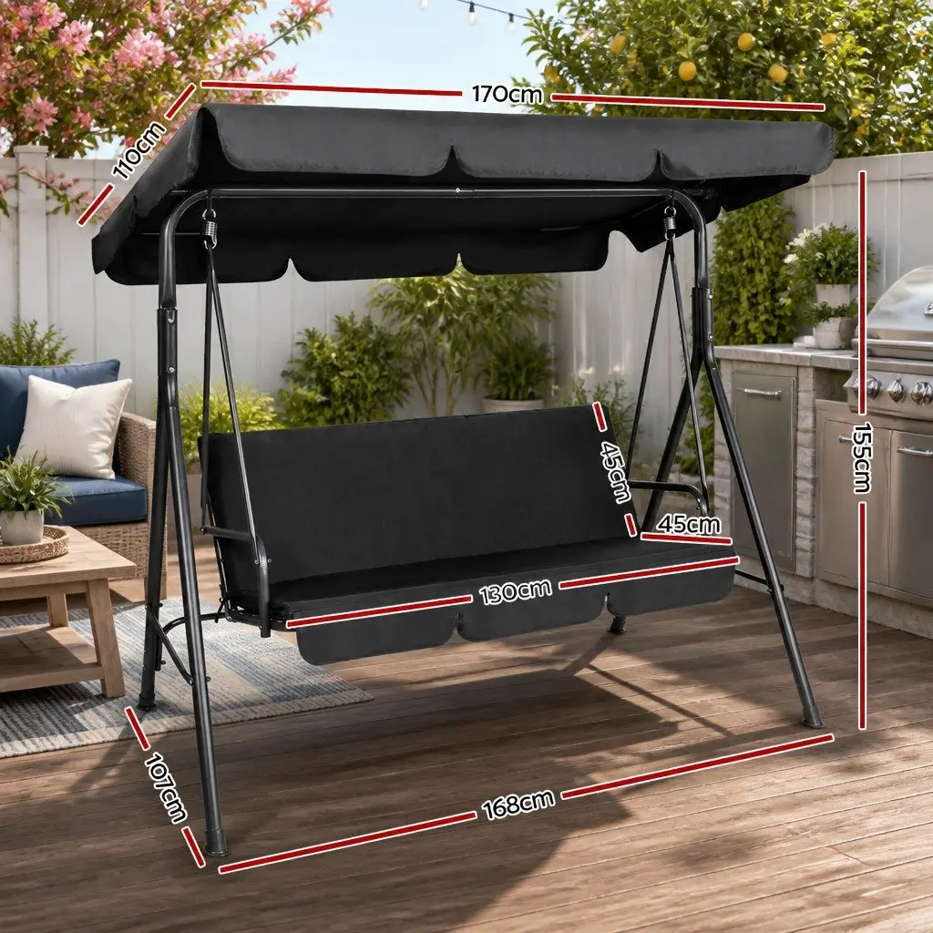 Outdoor Swing Chair Adjustable Canopy 3 Seater Black Lounger