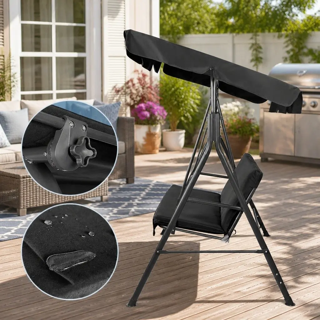Outdoor Swing Chair Adjustable Canopy 3 Seater Black Lounger