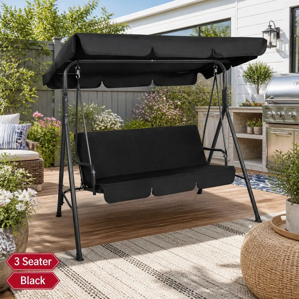 Outdoor Swing Chair Adjustable Canopy 3 Seater Black Lounger