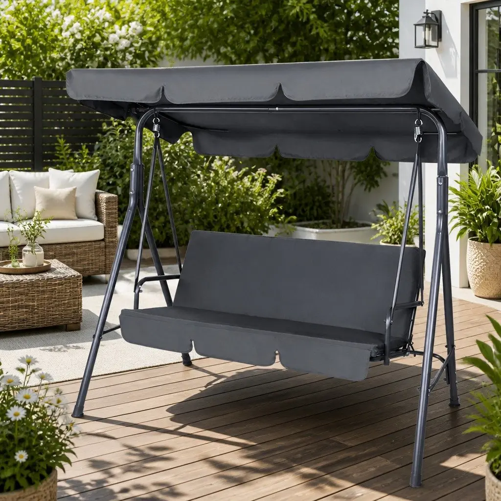 Outdoor Swing Chair 3 Seater Garden Bench Furniture with Canopy Grey