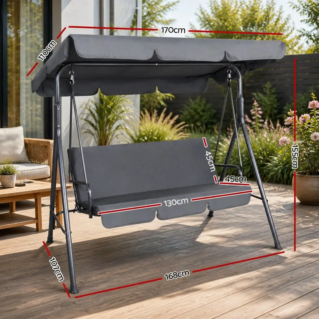 Outdoor Swing Chair 3 Seater Garden Bench Furniture with Canopy Grey